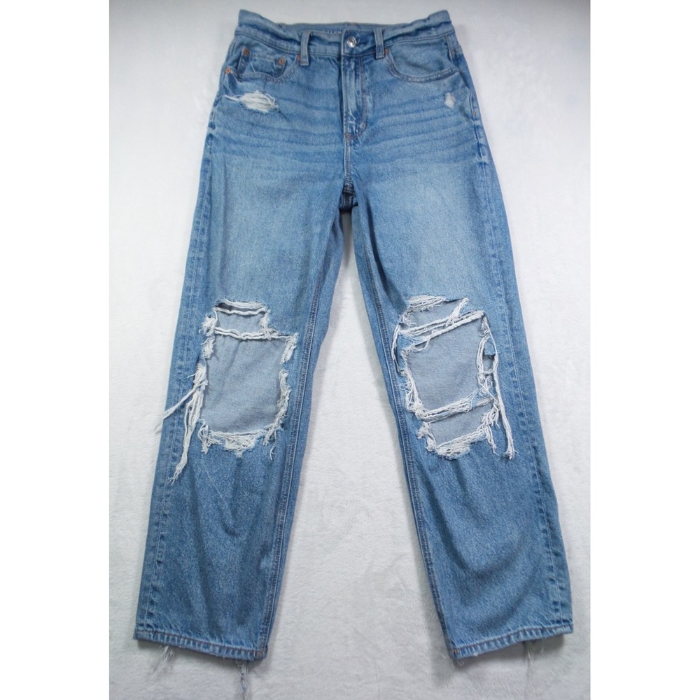 American Eagle Jeans Womens Size 4 Short Blue Super High Rise Baggy Straight